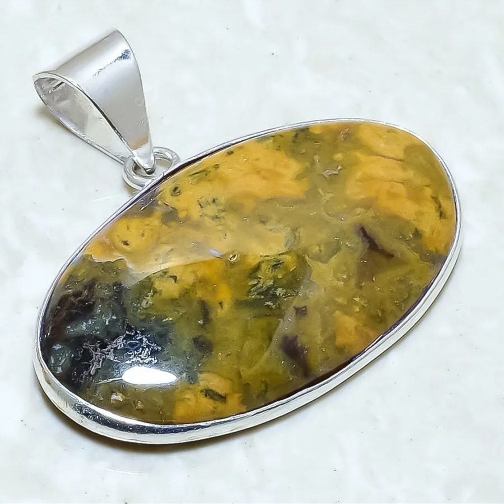 Ocean Jasper, tan, black Gemstone Handmade Silver Boho, Healing Pendant 1.4"